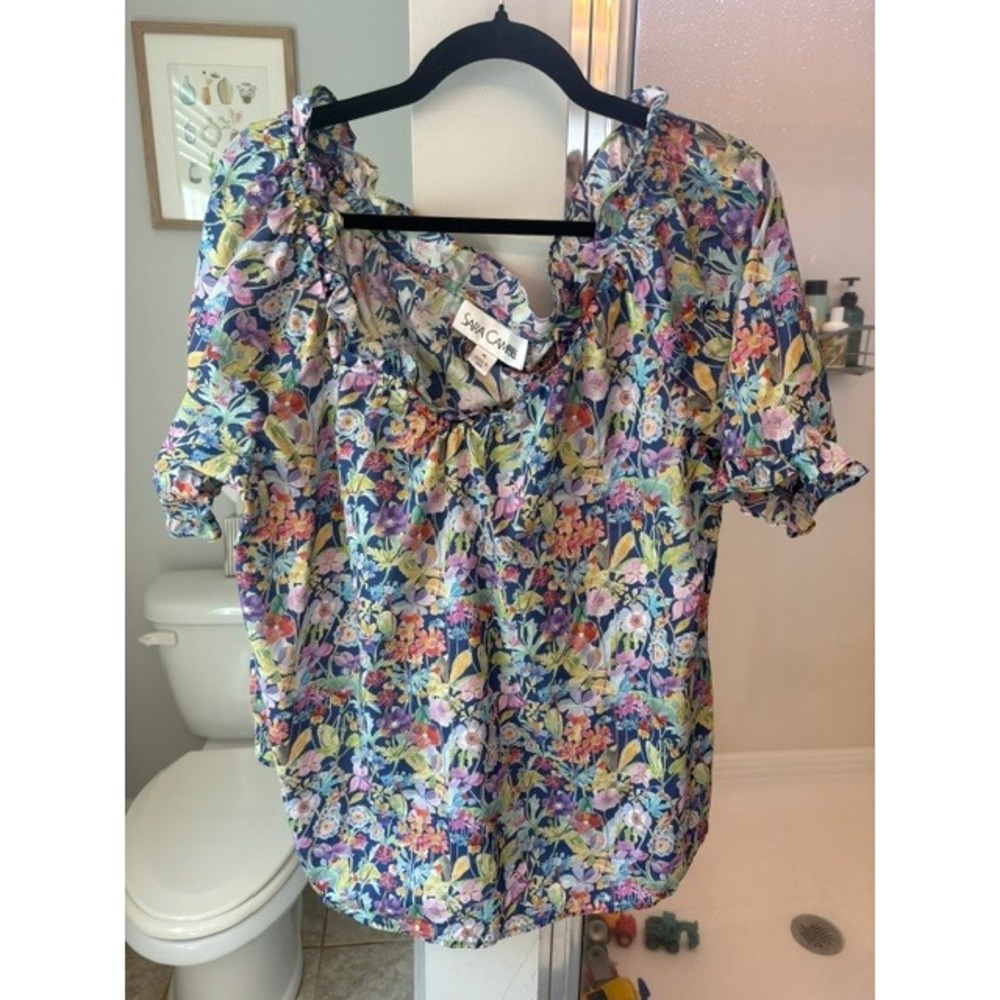 Sara Campbell Floral Cotton Ruffle Neck Puff Sleeve Blouse XL Made in USA